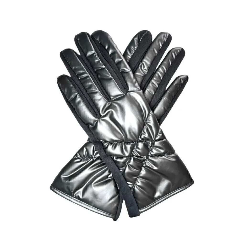 NEW Winter Puffer Gloves Sz.M 7 Gray Metallic Nylon Fleece Touchscreen Friendly